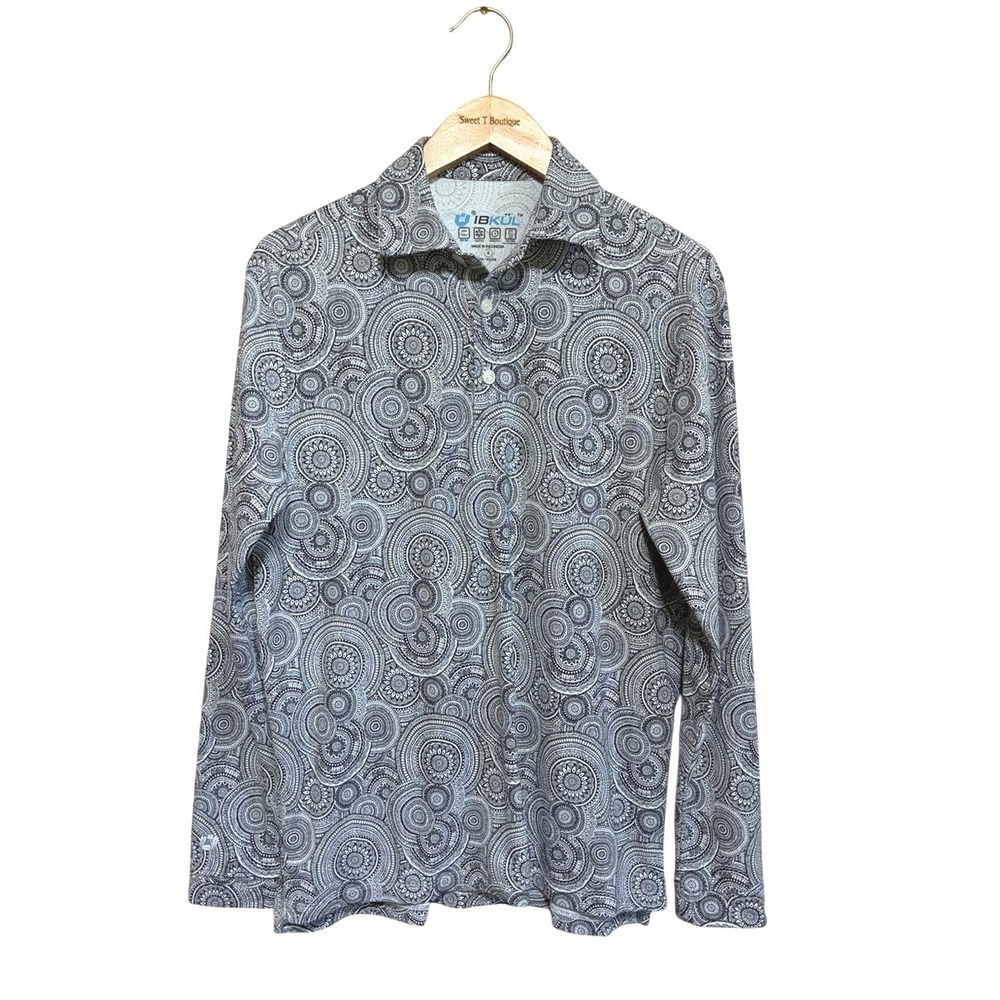 IBKUL Men Small Medallion Print Landon Long Sleeve Polo Shirt UPF50+ Performance